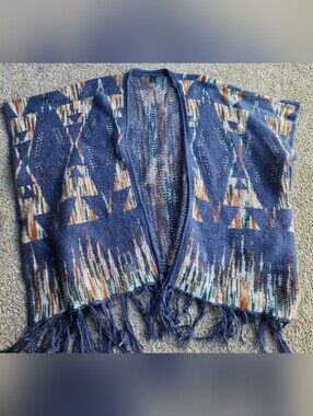 Boho Navy Fringe Open-Front Poncho Shrug